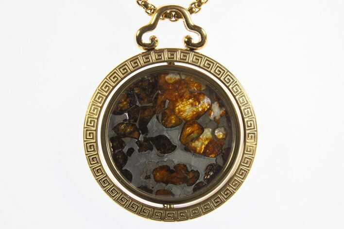 Sericho Pallasite Meteorite Pendant In Gold Rotating Frame #328662